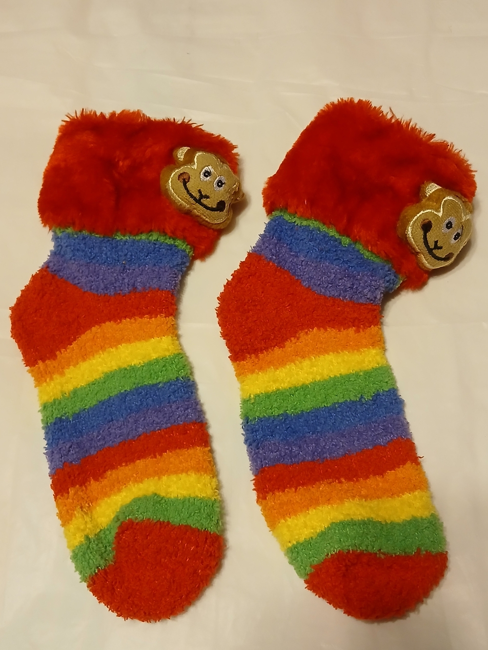 Cozy Red Rainbow Stripe Kids Socks with Monkey Patch